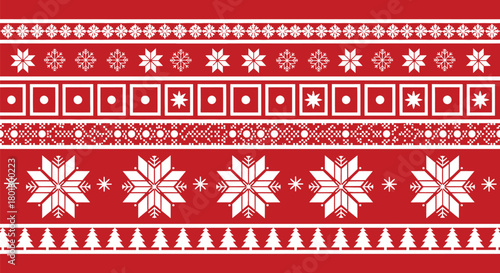Festive red and white Scandinavian pattern with snowflakes and geometric shapes, evoking winter holidays.