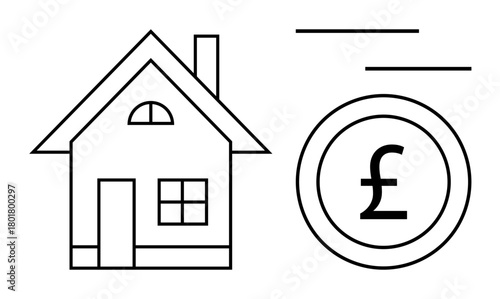 House structure next to a pound sterling coin conveying themes of home ownership, mortgage, and investment. Ideal for real estate, finance, housing market, savings, loans economy property. Simple