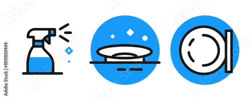 Cleaning and dishwashing icons, minimal style, vector illustration