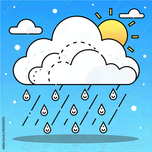 Cloud with smiling raindrops and sun, playful weather illustration