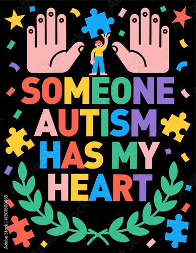 Colorful autism awareness illustration with vibrant text and puzzle pieces