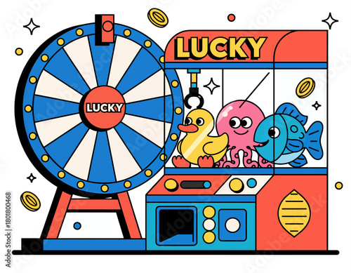 Colorful arcade game setup with prize wheel and claw machine