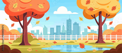 Colorful autumn park landscape with city skyline, flat design