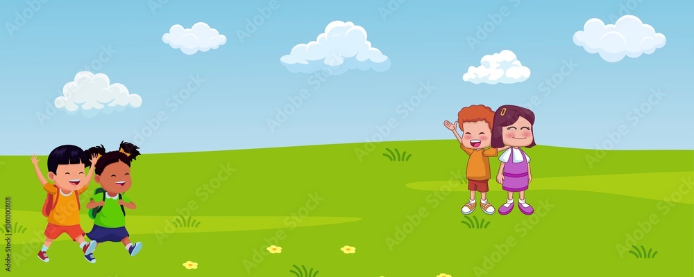 Fototapeta premium Cartoon illustration Kids on the meadow.
