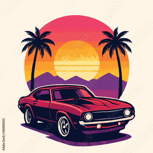 Vintage Car Silhouette Against Sunset Palm Trees automobile