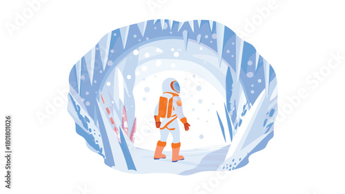 Astronaut exploring a glowing crystalline alien cave with vibrant colors and futuristic elements perfect for science fiction themes and space exploration