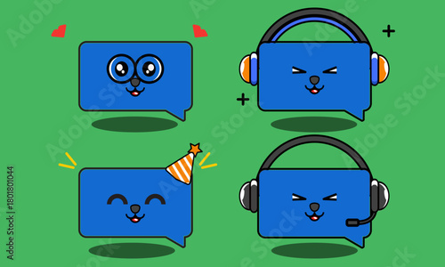 Cute Blue Speech Bubble Mascot Character Set Bundle