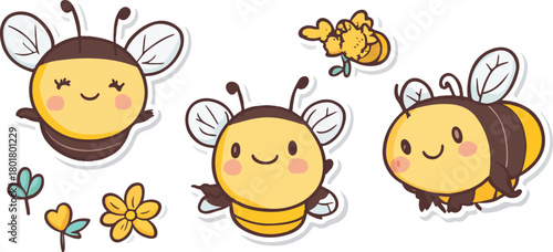 Cute cartoon vector illustration set of funny yellow bee character icon on a spring flower