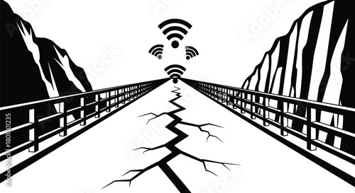 A cracked and broken bridge symbolizing a disrupted connection, with Wi-Fi signals leading towards an uncertain future.