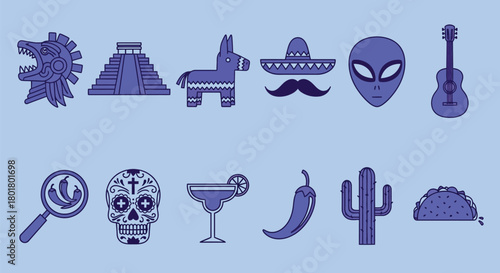 Vibrant collection of Mexican cultural icons and symbols on a light blue background