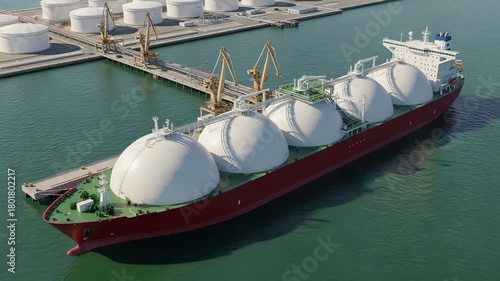 Large liquefied natural gas vessel attached to port facilities
