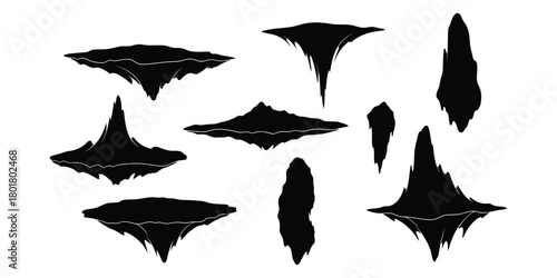 Black silhouettes of floating islands and rock formations