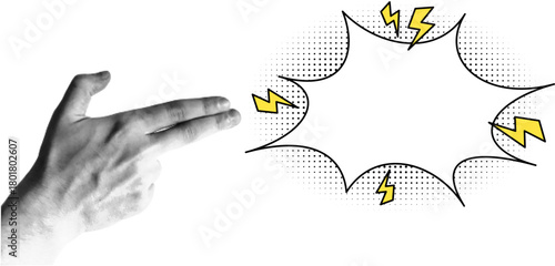 Template for retro pop art banner, empty speech bubble, explosion in a comic style. Halftone collage, hand gesture in the shape of a gun, two fingers, cut out of magazine, shot, revolver.
