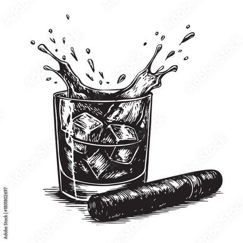 Whiskey Splash With Ice Cubes And Cigar Sketch alcohol
