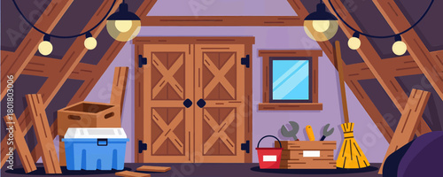 Cozy attic storage flat illustration, home organization concept