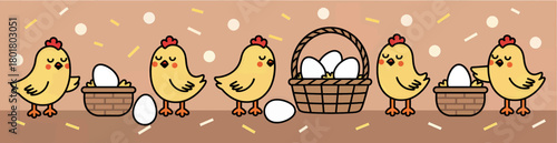 Cute baby chicks with eggs in baskets, playful spring illustration