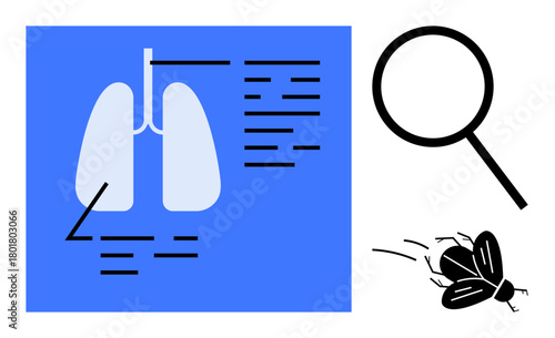 Medical diagram of lungs with analytical text, magnifying glass, and insect emphasizing environment-linked health study. Ideal for biology, healthcare, research, pollution, anatomy, diagnostics