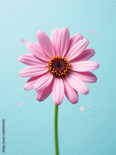 delicate pink daisy bloom set soft pastel blue background subtle splatters hue dance across petals