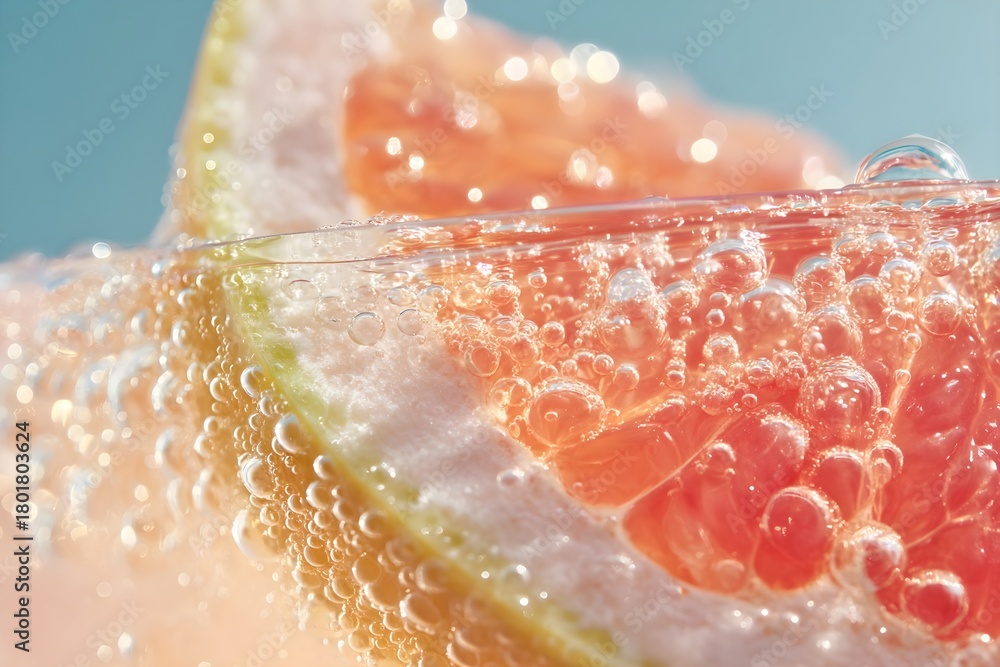 Fototapeta premium Grapefruit slice submerging into sparkling water, creating effervescent bubbles, refreshing citrus drink, enjoying a hydrating cool summer beverage, macro style