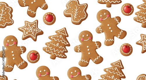 Gingerbread cookies seamless pattern isolated on white background for christmas