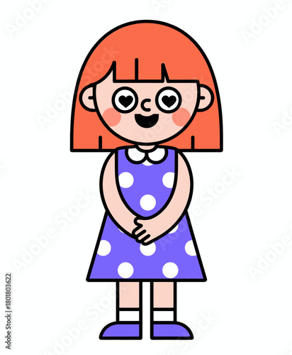 Cute girl character in blue polka-dot dress, flat illustration style isolated