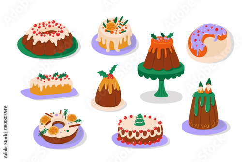 Cute Christmas Cake Set cozy holiday puddings and sweet festive desserts in vector.