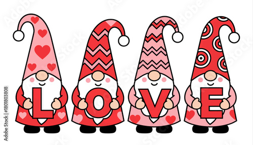 Cute gnomes spelling love with hearts, colorful valentine theme
