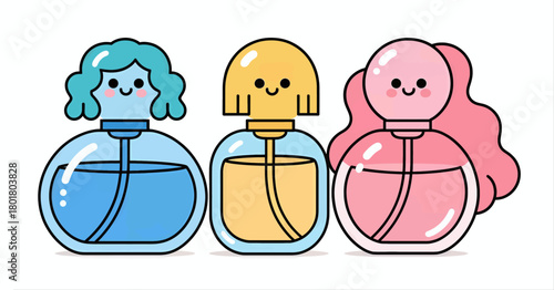 Cute perfume bottles cartoon illustration, pastel colors, vector style