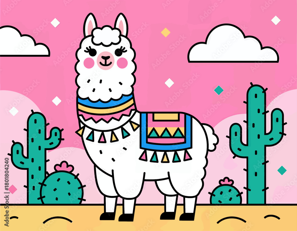 Obraz premium Cute llama in a desert scene, colorful flat design