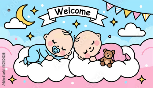 Cute sleeping twin babies with teddy bear, pastel vector illustration