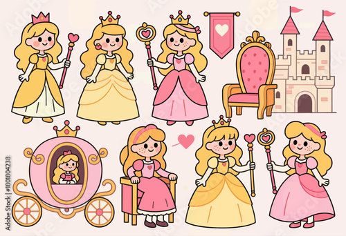 Cute princess illustration set, colorful fairytale elements, isolated