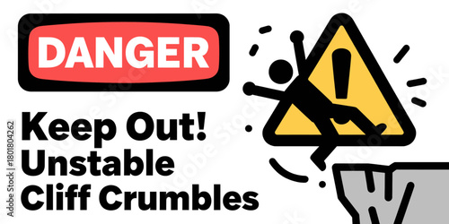 Danger sign falling off cliff warning, minimal caution vector isolated