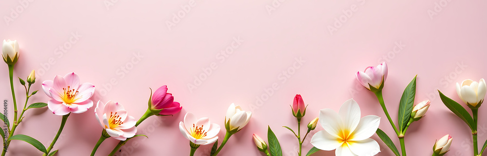 Fototapeta premium delicate arrangement fresh spring blooms tender greenery fills soft pastel pink background ample negative space