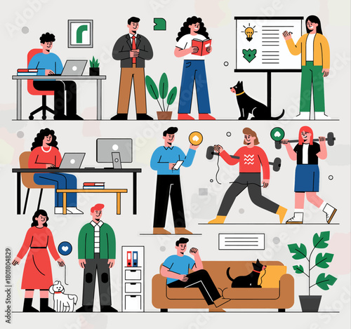 Diverse people in everyday activities, flat illustration, work and leisure