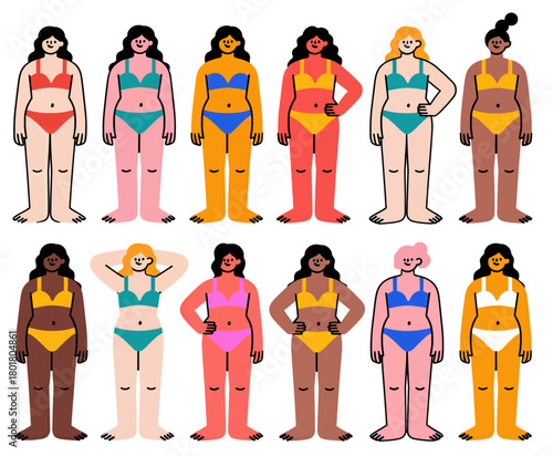 Diverse women in colorful lingerie, minimal flat style, isolated