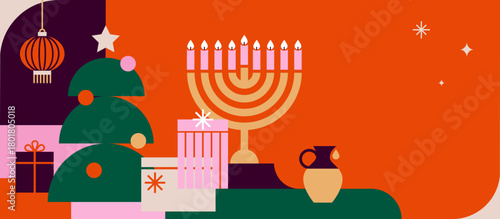 Happy Hanukkah , christmas and chinese new year banner, background, poster. Modern design for traditional holiday.