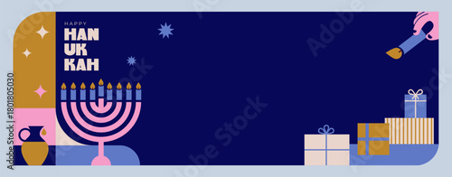Happy Hanukkah banner, background, poster. Modern design for traditional holiday. Menorah, dove, candles and dreidel illustrations. Vector design