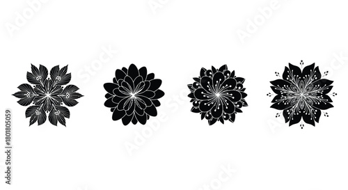 Four abstract floral designs in black and white