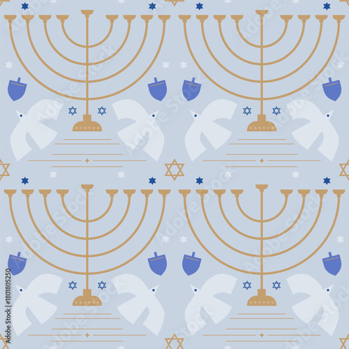 Adobe IllustratoHappy Hanukkah seamless pattern. Modern geometric in  minimalist style. Composition of simple traditional jewish line icon