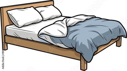 Comfortable wooden bed frame with pillows and duvet cartoon illustration eps silhouette