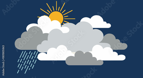 A flat vector illustration of changeable weather conditions, featuring the sun, clouds, and rain in a single meteorological symbol