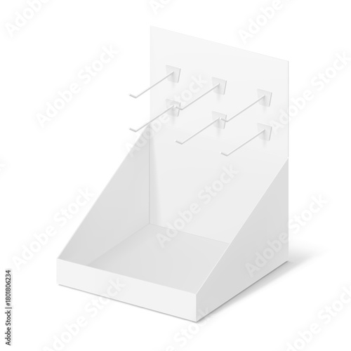 Counter top with hanging peg hook display box mockup. Vector illustration isolated on white background. Ready for your design. EPS10.