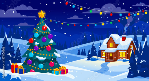Festive Winter Scene A Decorated Christmas Tree and Cozy House Under a Starry, Snowfall Night Sky Adorned with Twinkling Lights