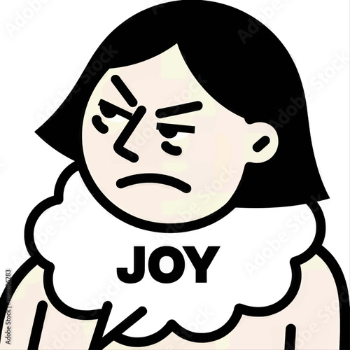 Frustrated man with collar saying JOY, minimal style, isolated