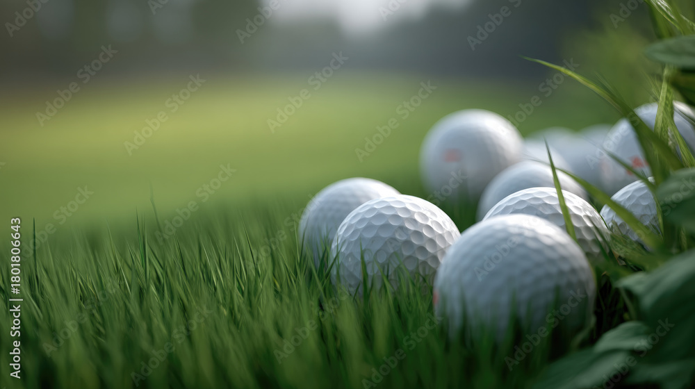 Naklejka premium Many golf balls on green grass field close up outdoor sports equipment summer nature leisure competition focus foreground