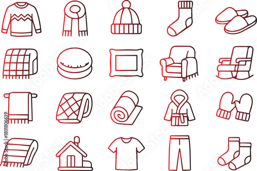 Cozy home icons isolated on white background, featuring comfortable items and elements that evoke warmth, relaxation, and a sense of well being