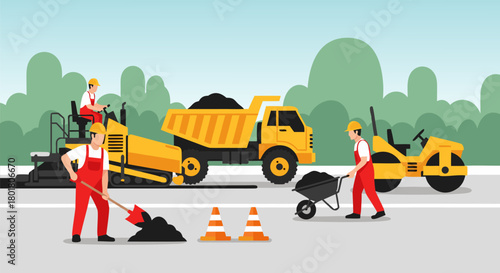 Construction workers busy paving a new road with asphalt and machinery, representing infrastructure development and urban renewal projects