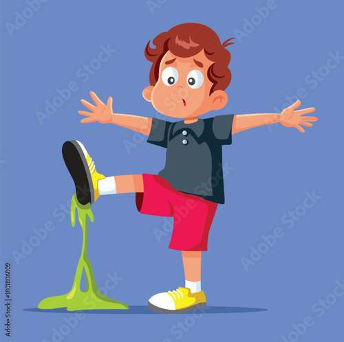 Child Stepping in a Mess on the Floor Vector Illustration. Unlucky kid being unhappy about sticky mess on the ground
