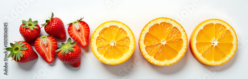colorful medley fresh fruit halves succulent strawberries orange segments pineapple wedges arranged artfully crisp white