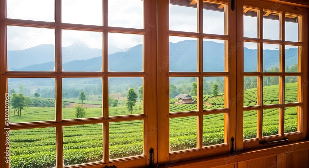 Fototapeta premium Looking through a wooden framed window at a lush green tea plantation with rolling hills and mountains in the background, evoking a sense of peace and natural beauty